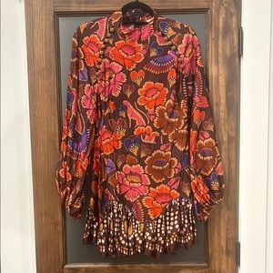 FARM Rio Floral Long Sleeve Dress - Red and Brown